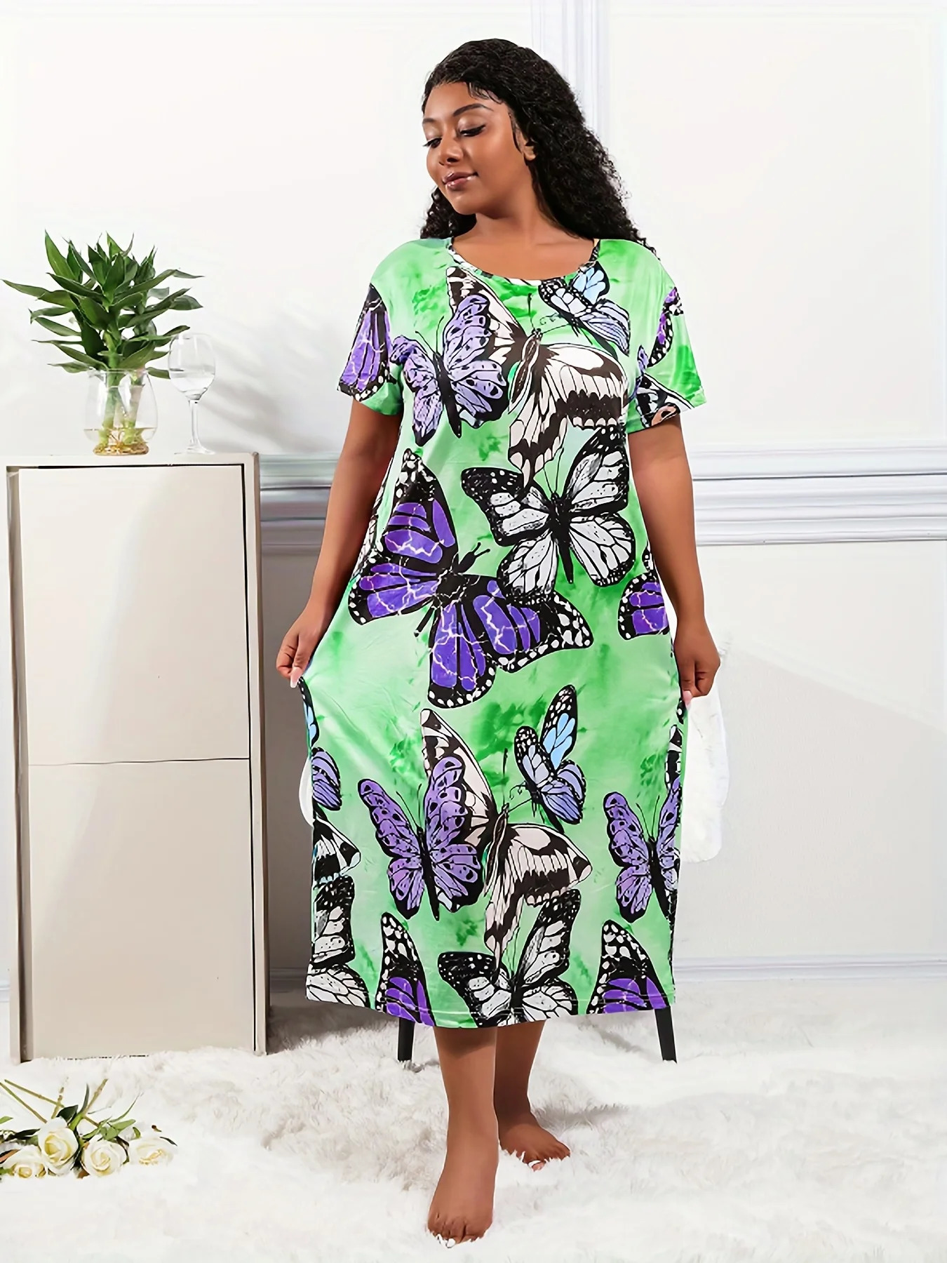 Plus Size Casual Loungewear Dress Tie Dye Short Sleeve Stretchy Wear Comfort Y2K Nightdress 250506