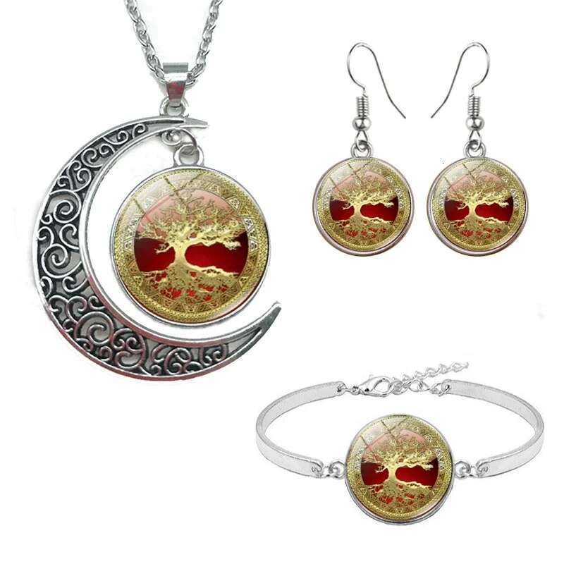 Celtic Tree Of Life Glass Cabochon Necklace Stud Earrings Bracelet Bangle Set Totally 4Pcs Women's Fashion Jewelry Creative Gift