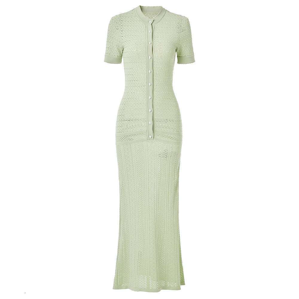 2025 new spring and summer elegant hollow out short sleeved round neck long knitted dress