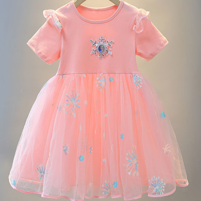 DISNEY kids designer clothes Frozen Elsa Princess Dress for Girls Summer Short Sleeve Baby Dress Children Net Dress Comfortable and soft.