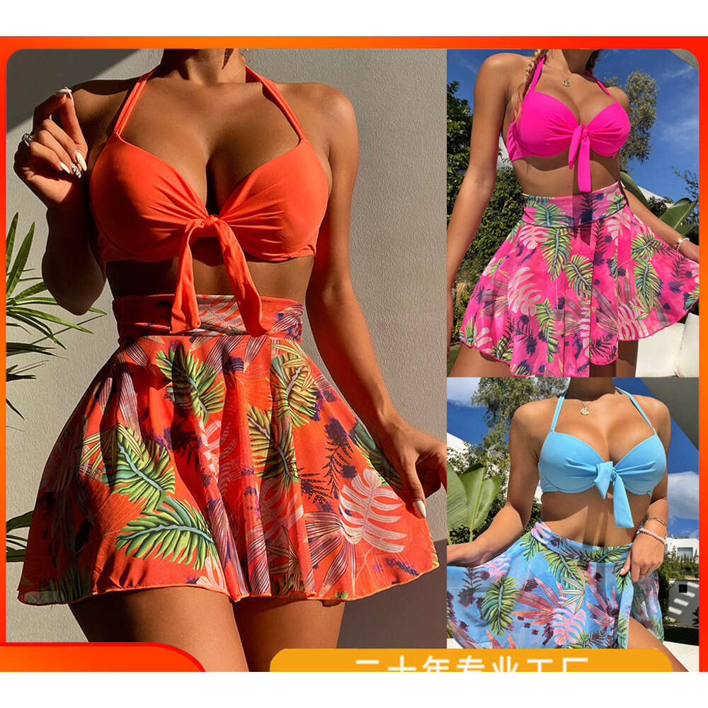 European and American Printed Beach Skirt Sexy Bikini Women's Split Three Piece Set Swimsuit 2025 New Casual Versatile Fashion Clothing