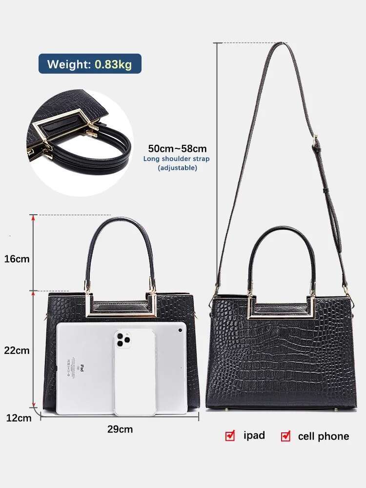Zency Women Genuine Leather Handbag Black Crocodile Pattern Designer Top Handle Large Capacity Shoulder Crossbody Satchel Purse