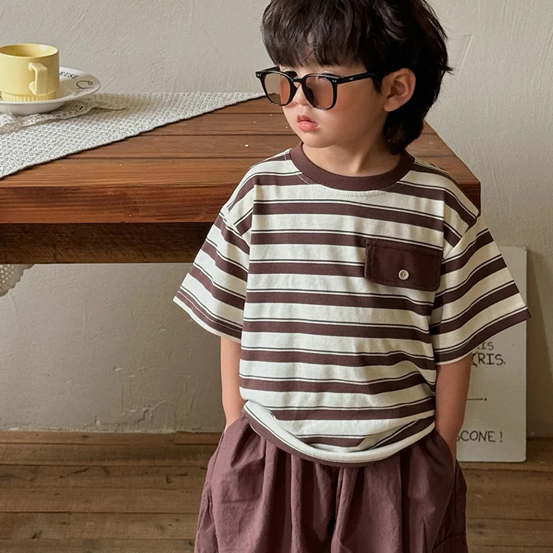 Kids Short Sleeve Boys and Girls T-shirt Summer Girls Striped Baby Top Cotton Childrens Clothing 250515