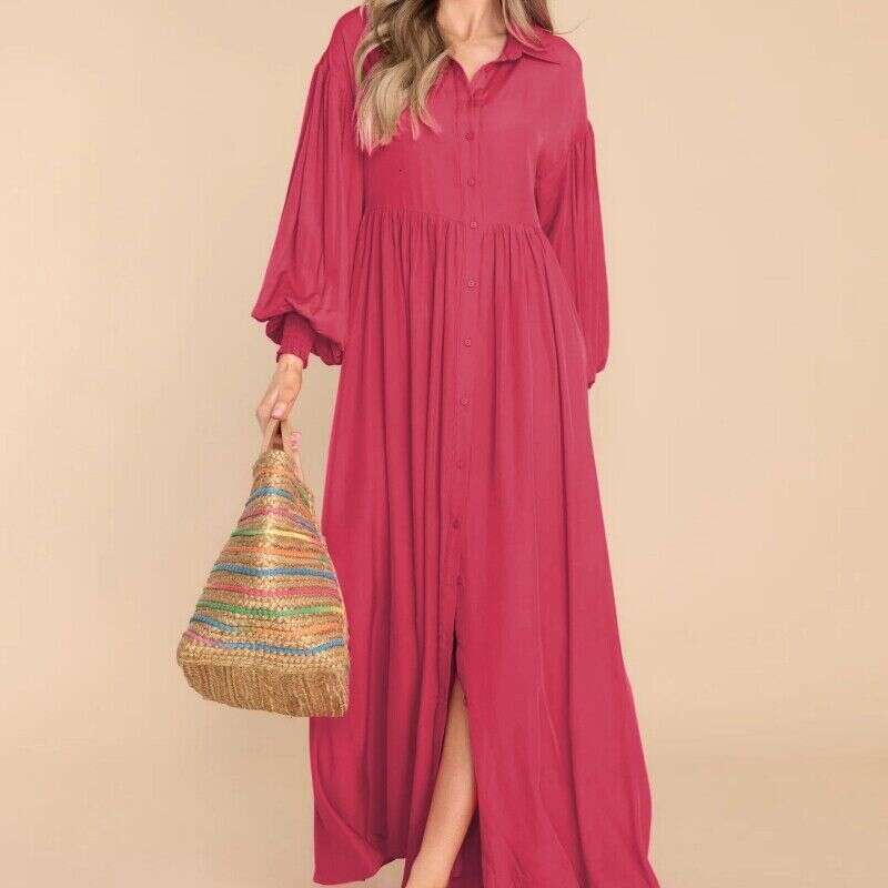 White Dress Maxi Dress 2024 New Women's Casual Solid Color Button Flip Collar Hundred Pleats Sleeve Extra Long Dress KQ