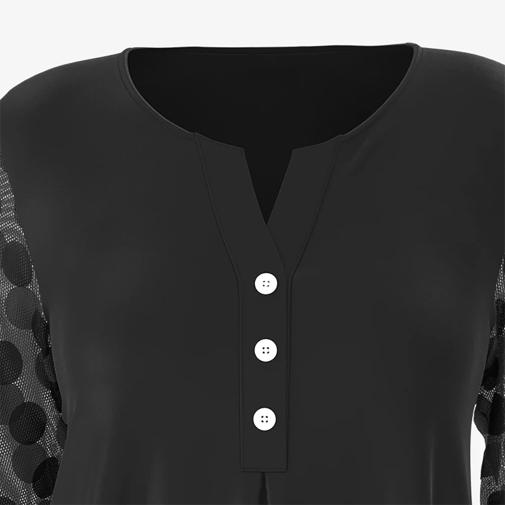 Plus Size Mesh Patchwork Women Blouse Elegant Button Round Neck Loose Female Spring Shirt Tops Dot Long Sleeve Irregular Blouses 250515