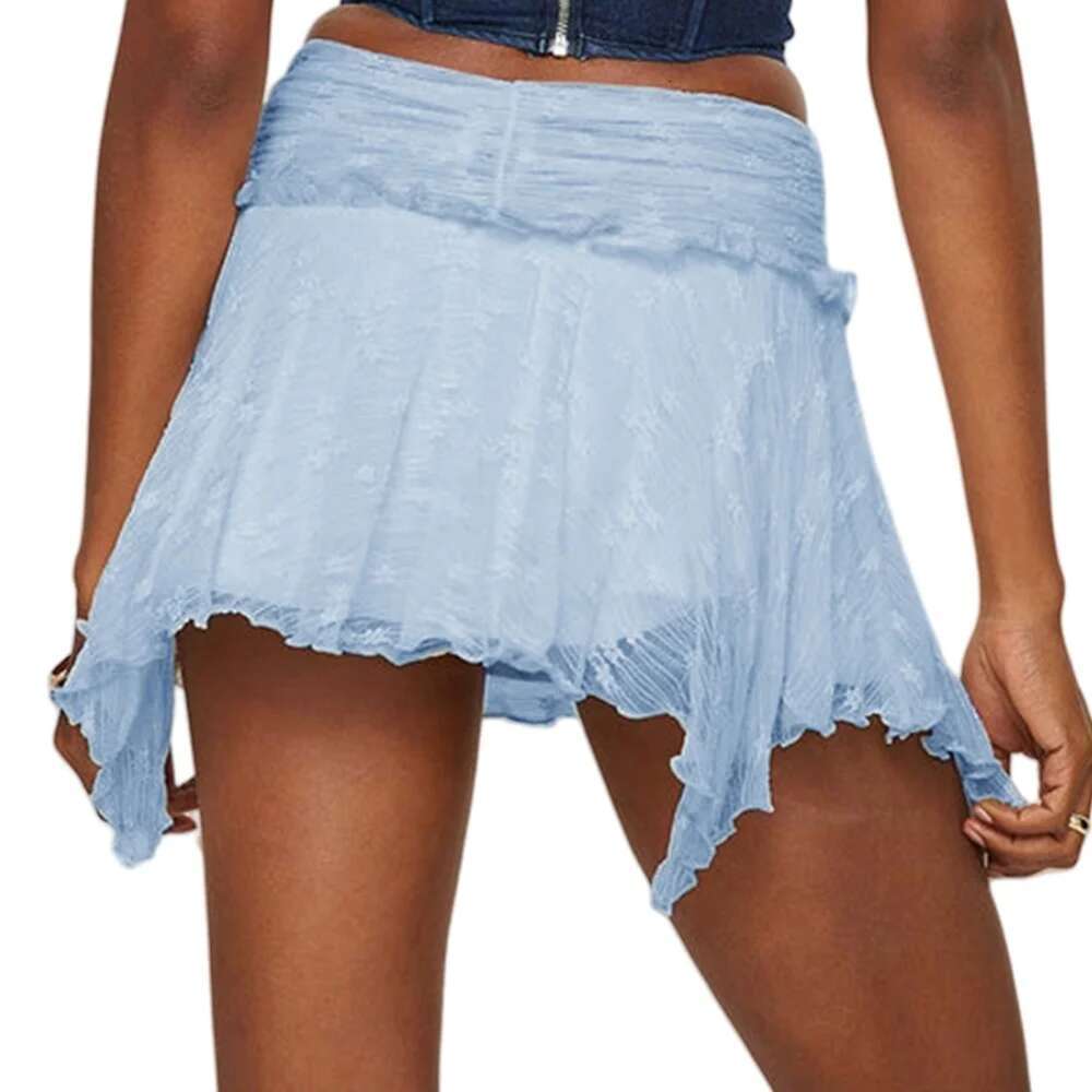 Women's Fashion Asymmetrical Mini Ruched Mid Rise Lace Irregular Hem Short Skirts Streetwear Haruku Aesthetic Clothes