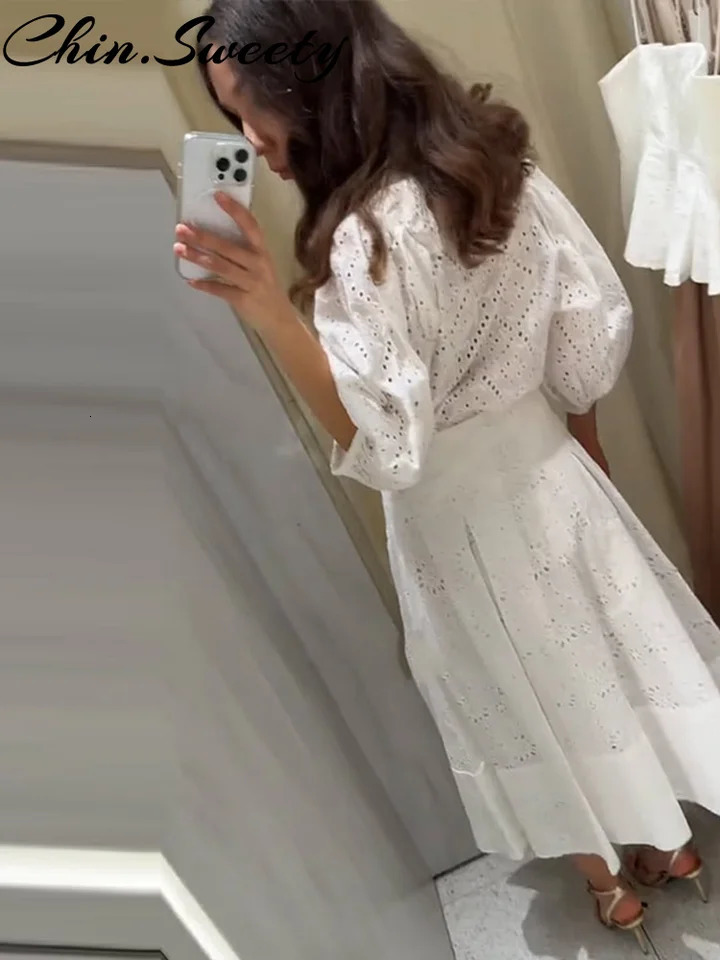 Casual White Shirt Skirt Women Outfit y Three Sleeve Top Patchwork Zippers Pleated Skirts Summer Elegant Lady Set 250515