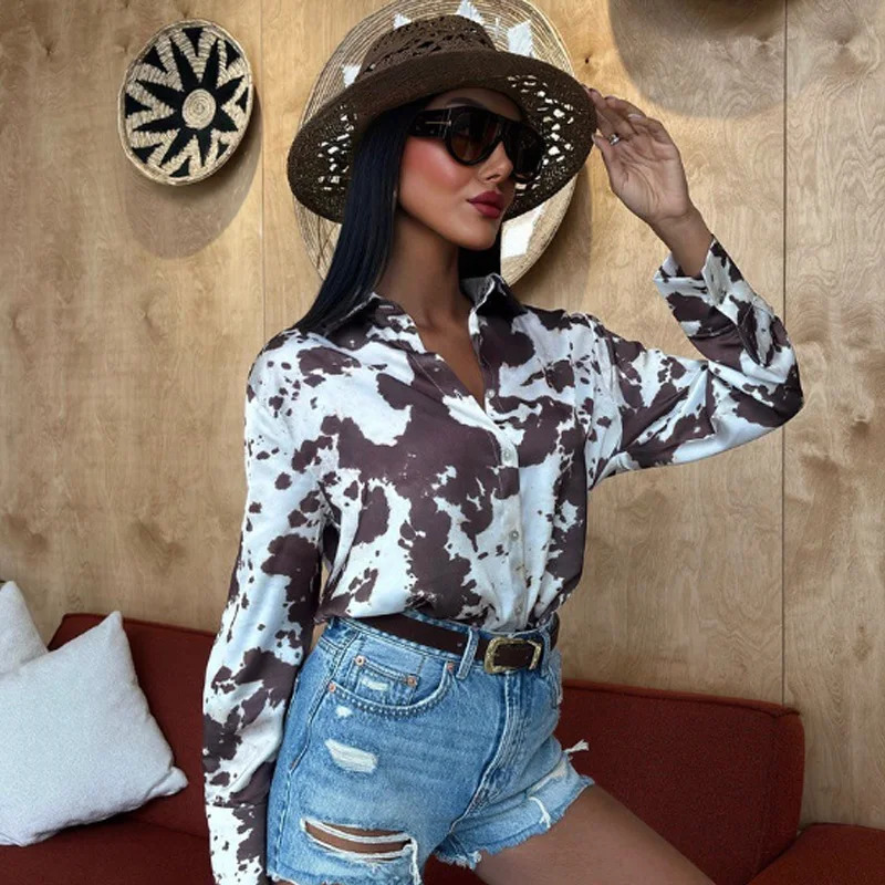 TRAF Print Satin Skirt Set Womens Suit Oversized Long Sleeve Shirt 2 Piece Sets Woman Outfit High Waist LaceUp 066 250515