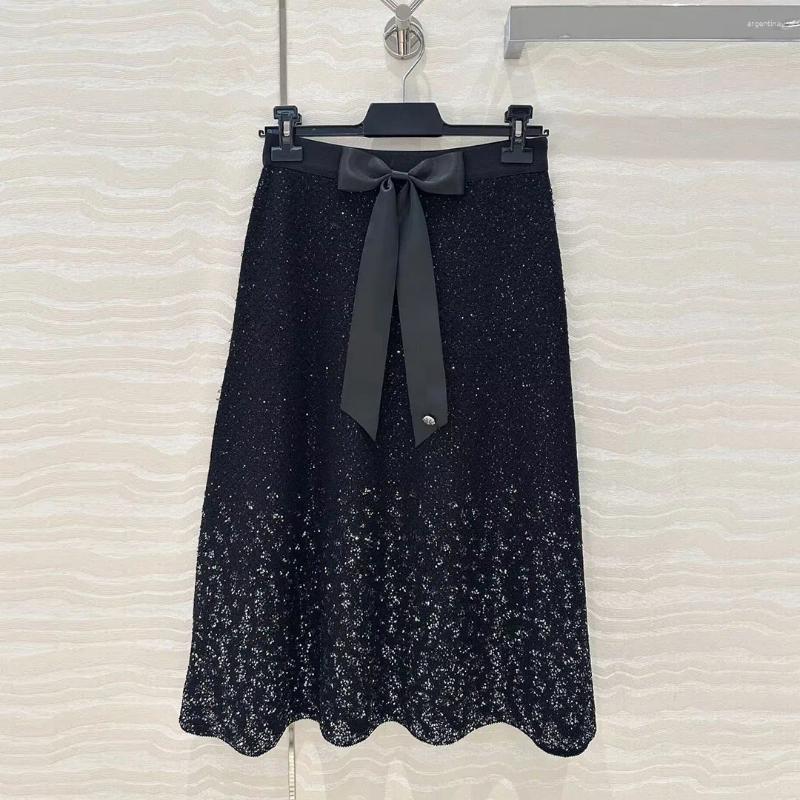 Skirts 2025 Spring Fashion A-line Knitted Long Womens Elastic High Waist Bow Sequins Embroidery Sweet Vintage Loose Skirt