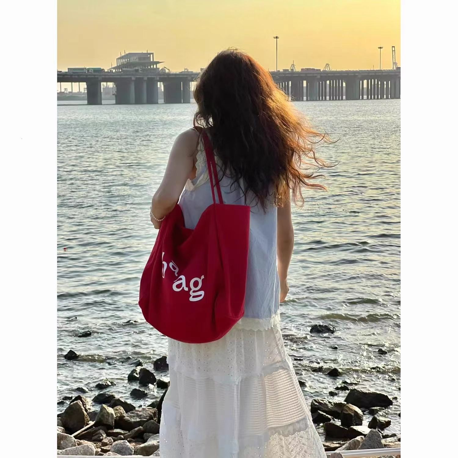 2024 New Ins Large Capacity Shoulder Canvas Women's Tote Shopping Letter Printed Bag