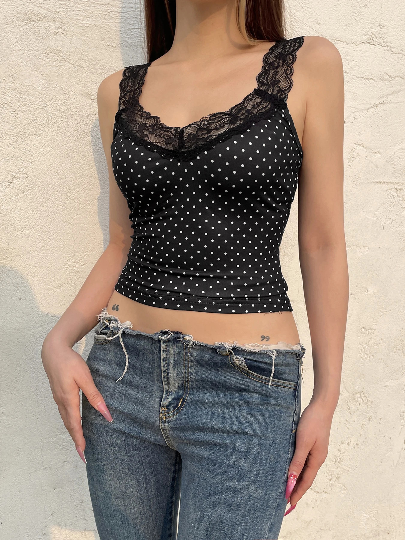 Fashion Sexy Slim Fit Polka Dot Print Lace Trim Women Tanks Chic sweet Summer Basic AllMatch Blouses 250515