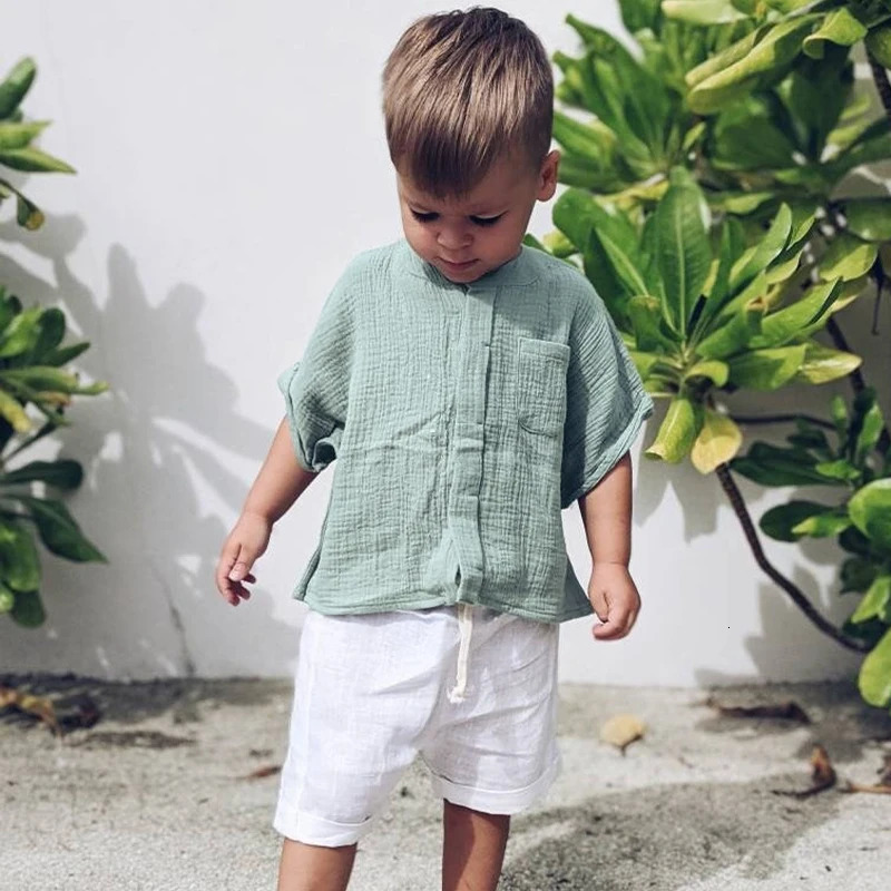100% Cotton Muslin Boys T-shirt Summer Childrens Casual Loose Short-Sleeve Pocket Tops TZ057 250515