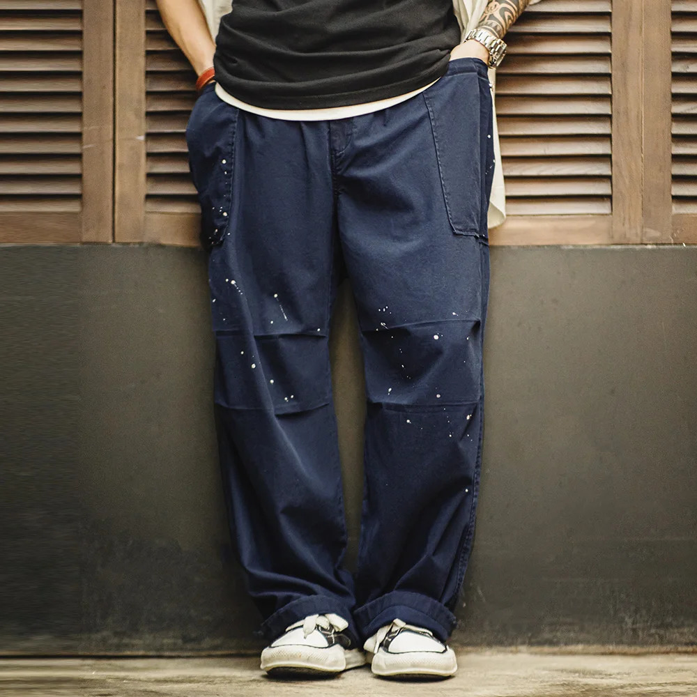 Maden Solid Color Splashed Parachute Pants Oversized Loose Straight Tube Wrinkled Casual for Men Fall and Winter Trousers 250515