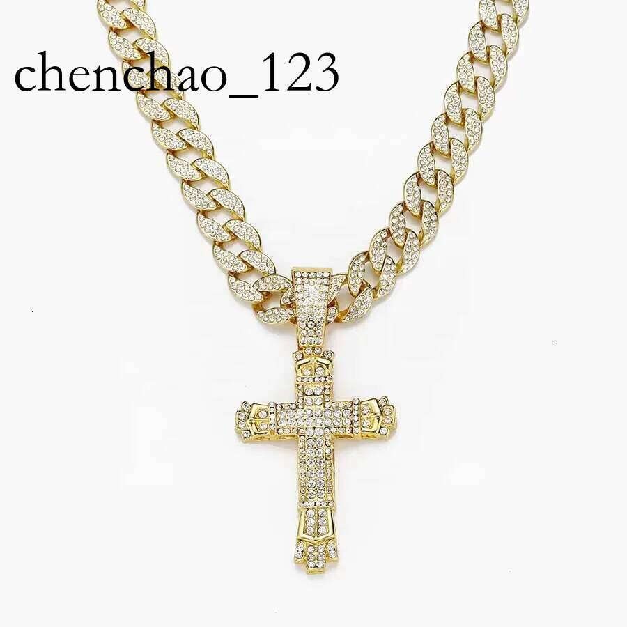 DHcollection Iced Out 15mm Width Cuban k Chain With Hip Hop Alloy and Rhie Big Buckle Cross Pendant Necklace