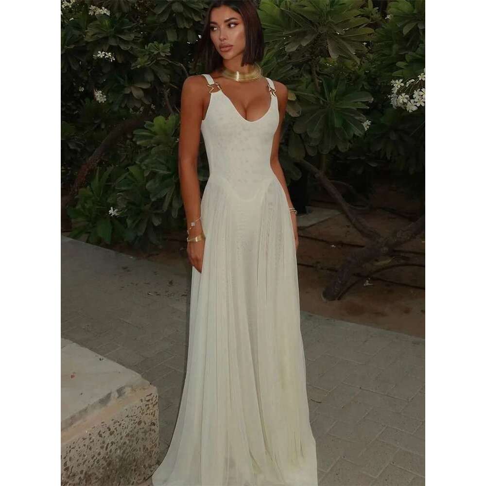 Nibber Holiday Women Dress Mesh Double V-Neck Skinny Metal Buckle Summer Trend Banquet Birthday Elegant Wedding Maxi Bodycon