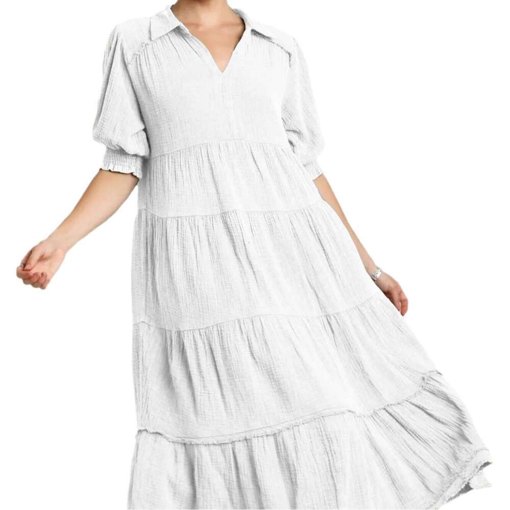 White Dress Maxi Dress 2024 New Fashionable And Comfortable Mid Sleeve V-Neck Layered Dress For Women KQ