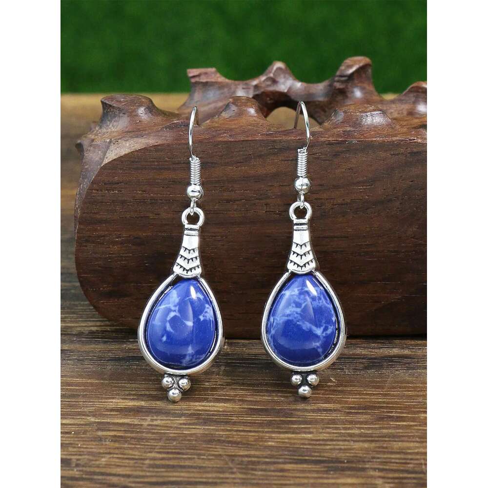 Bohemian Holiday Style Jewelry Set Women's Water Droplet Stone Inlaid Classic Simple Earrings Short Necklace