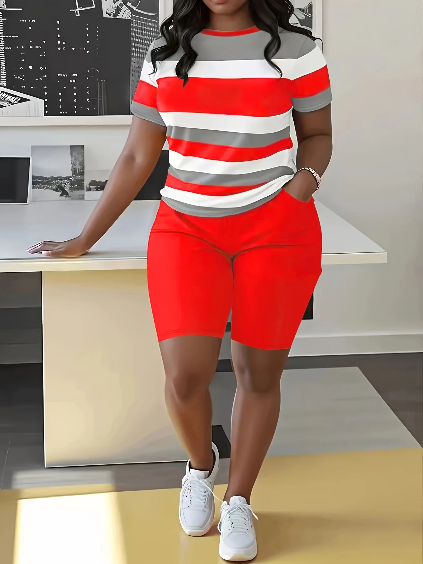 Trendy Plus Size Womens Two Piece Set Striped Short Sleeve Top and High Waist Shorts Casual Outfit 250514