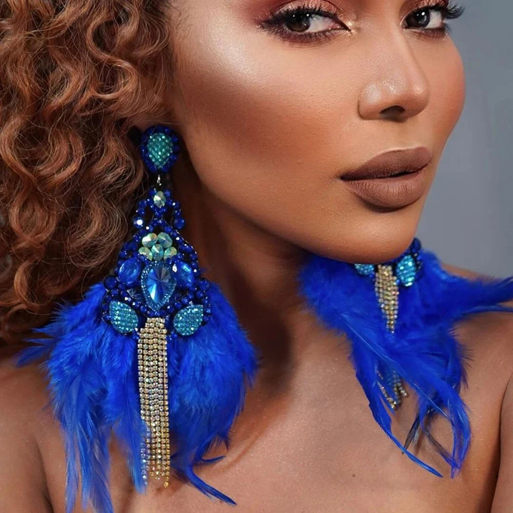 Boho Blue Feather Tassel Earrings Dangle Woman Accessories Nightclub Sparkly Exaggerate Rhinestone Earrings Prom Jewelry 250514