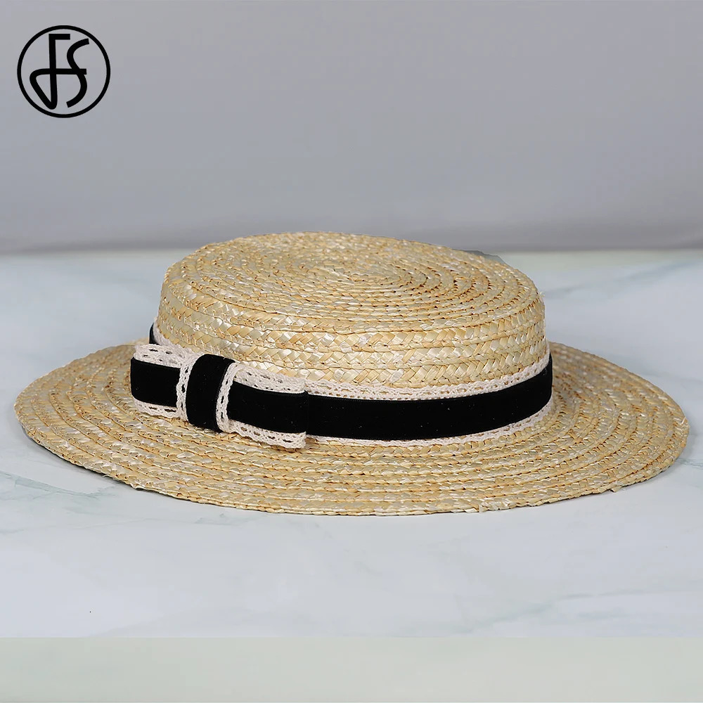FS Flat Top Straw Hat With Velvet And Crochet Ribbon Bow Short Brim Cocktail Tea Party Cap Fascinator Hats For Women 2025 250514