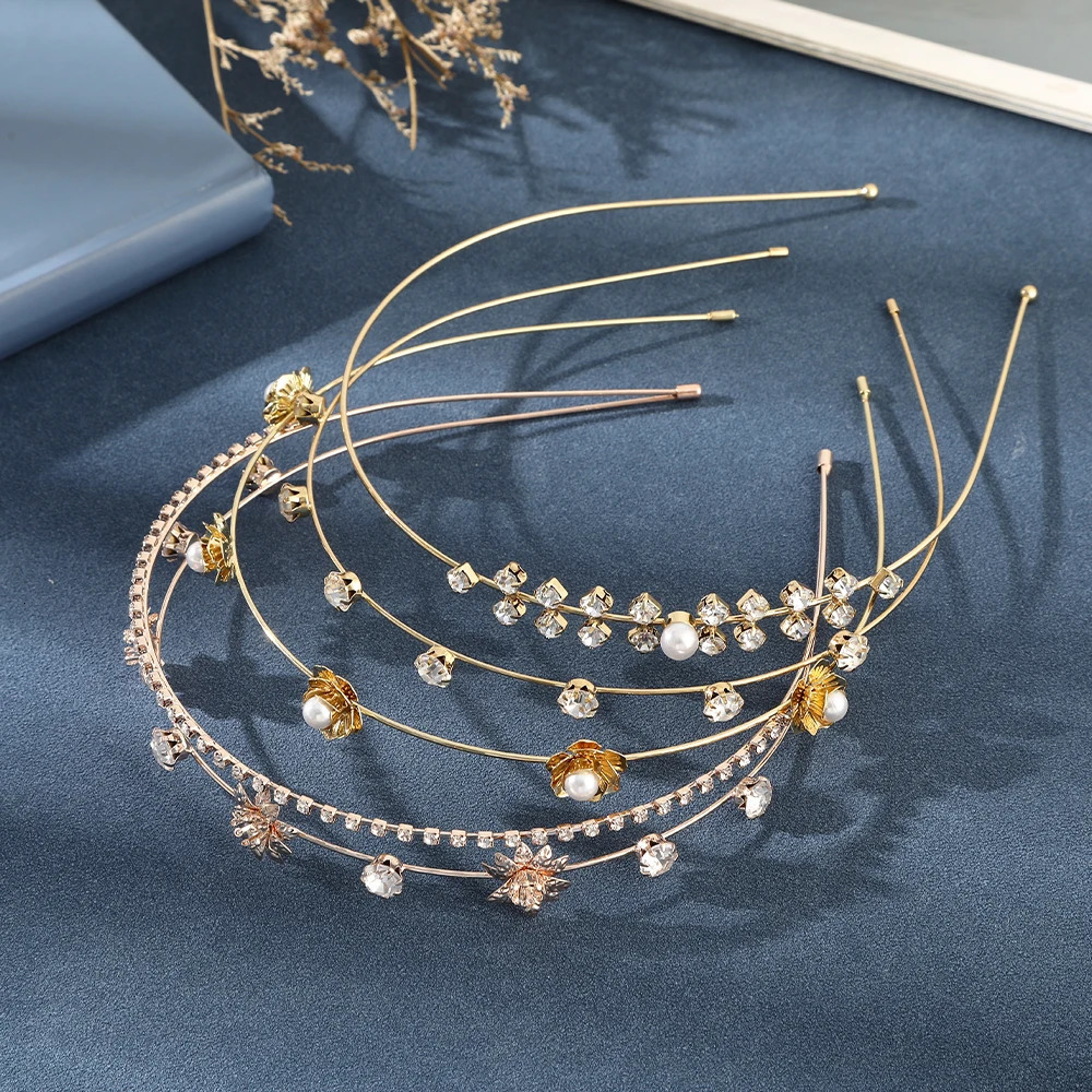 Metal Gold Silver Headband Shiny Rhinestone Flower/Heart/Bow/Butterfly Hairband Hair Hoop Bezel Women Elegant Pearl Hair Bands 250509