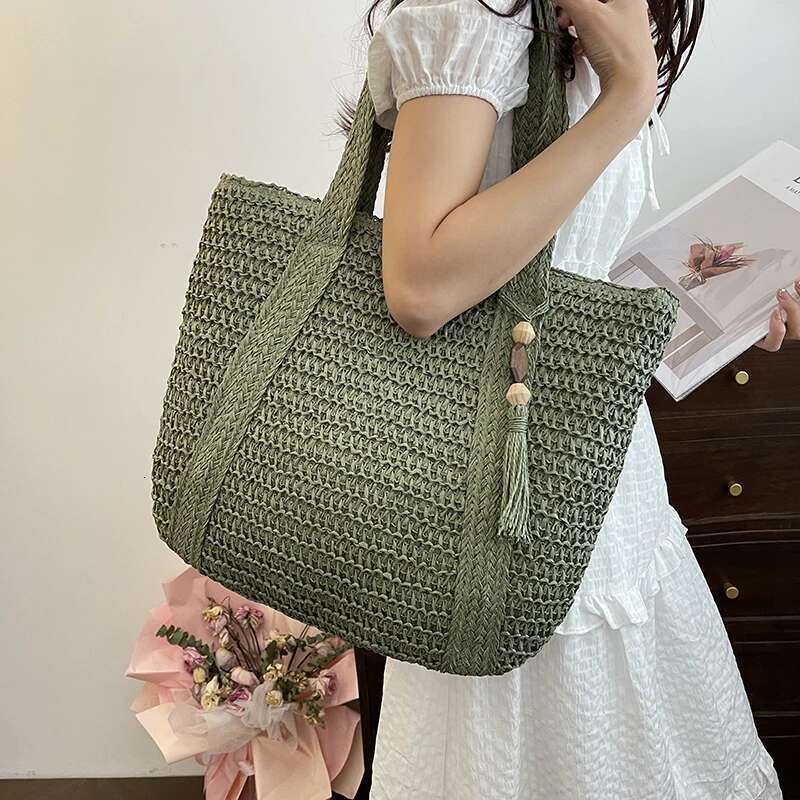 Summer Woven Women Beach Shoulder Bag Female Straw Knitted Handmade Large Capacity Handbag Purse Travel Tote Bags
