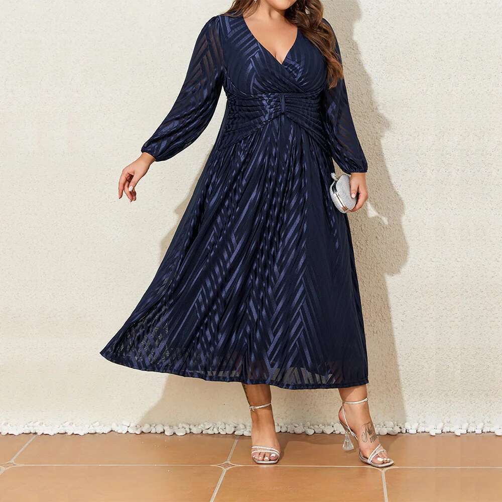 Women Plus Size 1XL-6XL Lantern Long Sleeved Autumn Winter Elegant Party Night Dress Solid Fashion V Neck Formal Evening Dresses