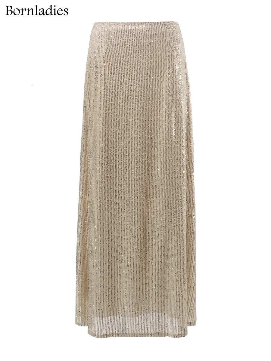 Bornladies Elegant Silk Sequins Women Skirt Dropped Waist Long Skirts Streetwear Classic Fashion Female Clothing 250515