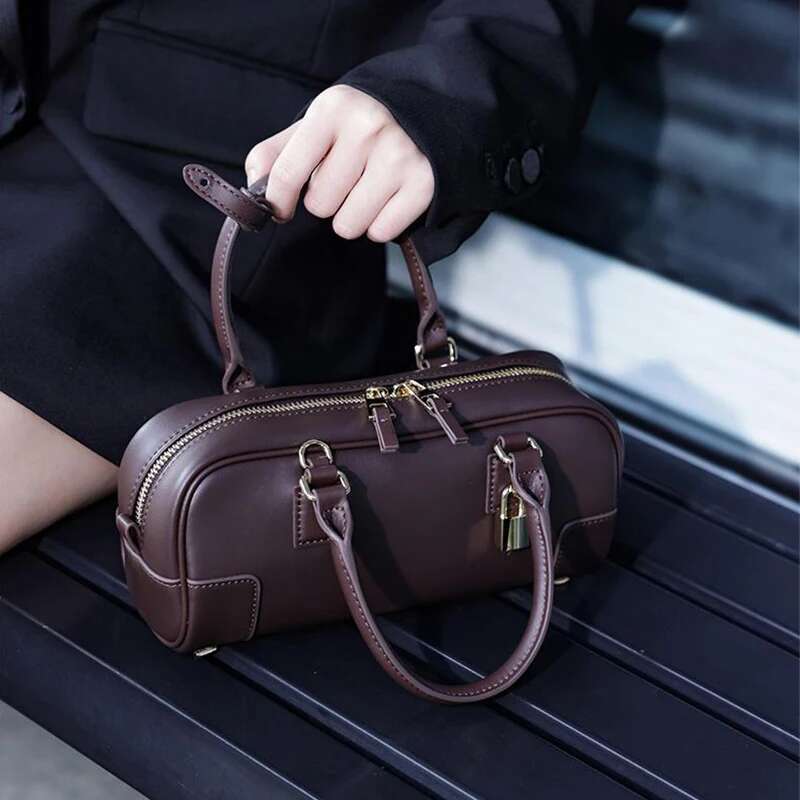 Boston Handbag Women's Genuine Leather Small Square Metal Lock Design Fashion Crossbody For Ladies High-End Bag
