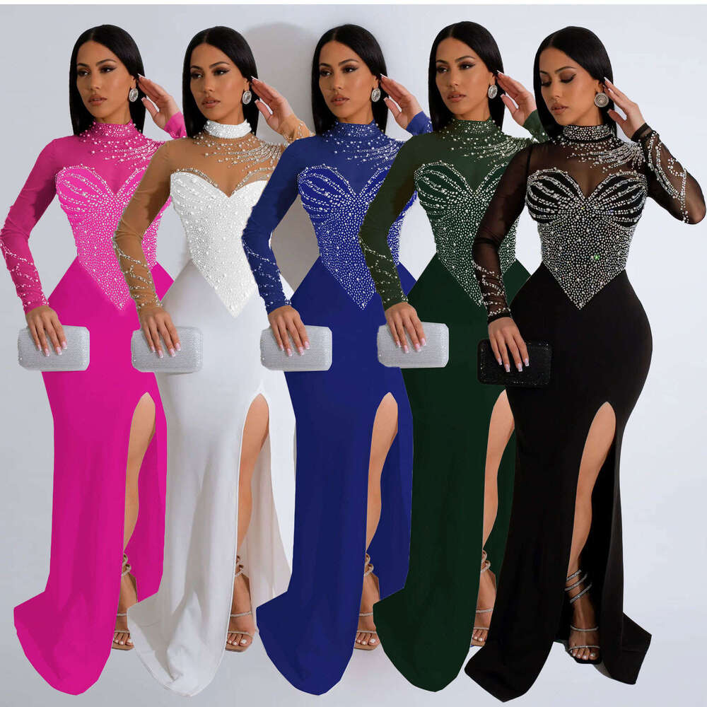K2986 Women's Hot Diamond Pearl Perspective Waist Pack Hip Elastic Split Dress