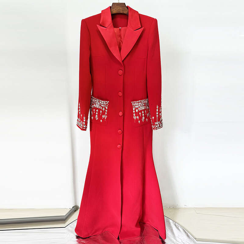 2025 Celebrity Fashion Heavy Industry Nail Bead Diamond Set Suit Collar Tail Long Dress