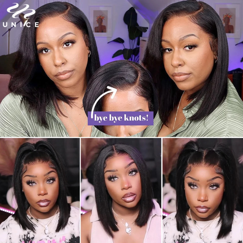 UNice Hair Drawstring Cap Yaki Straight Bob Wig Pre Cut Pre Bleached 7x5 Lace Closure Glueless Wigs Human Hair Ready To Wear Go 250512