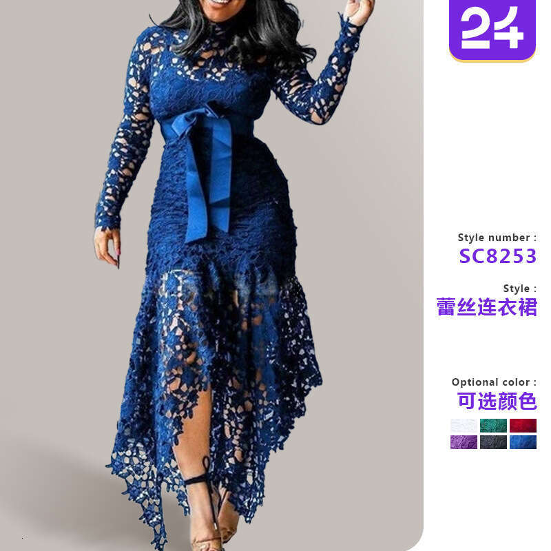2025 new women's hollowed out long sleeved stand collar lace up 5-color irregular dress