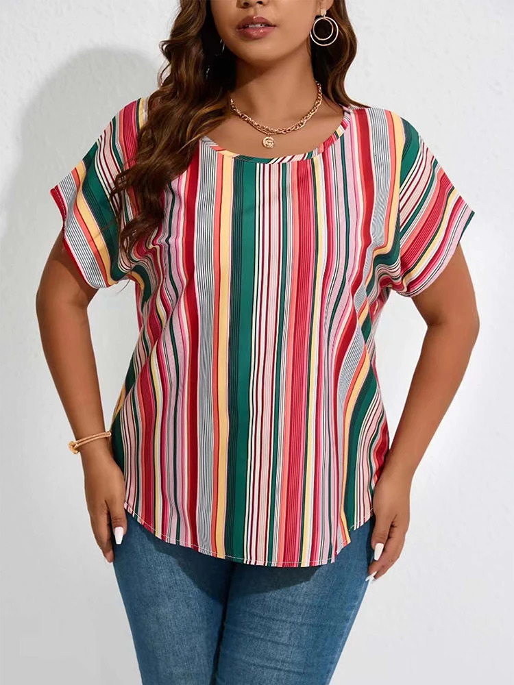 Plus Size Women Striped Print Batwing Sleeve O-neck T-shirt 250515