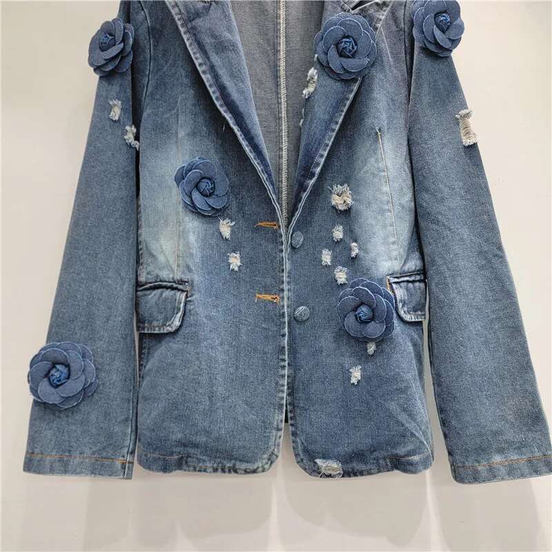 OCEANLOVE 3D Flowers Denim Jackets Women Spring Autumn Vintage Loose Jaqueta Feminina Single Breasted Chaquetas Mujer