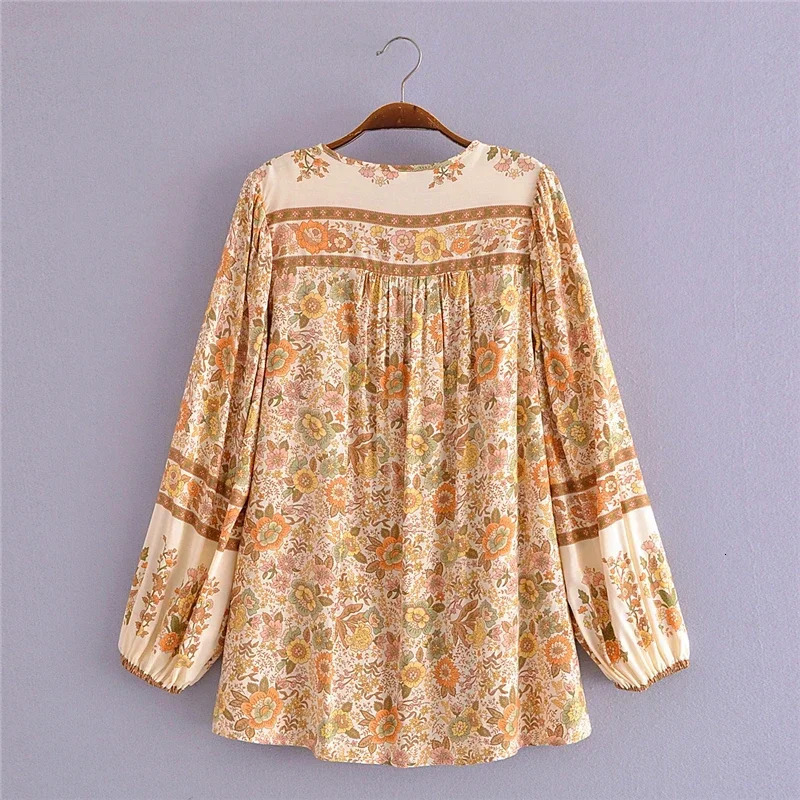 Boho Queens Women Floral Printed Vneck Long Sleeve Tassel Blouse Shirts Ladies Button Rayon Shirt Bohemian 250515