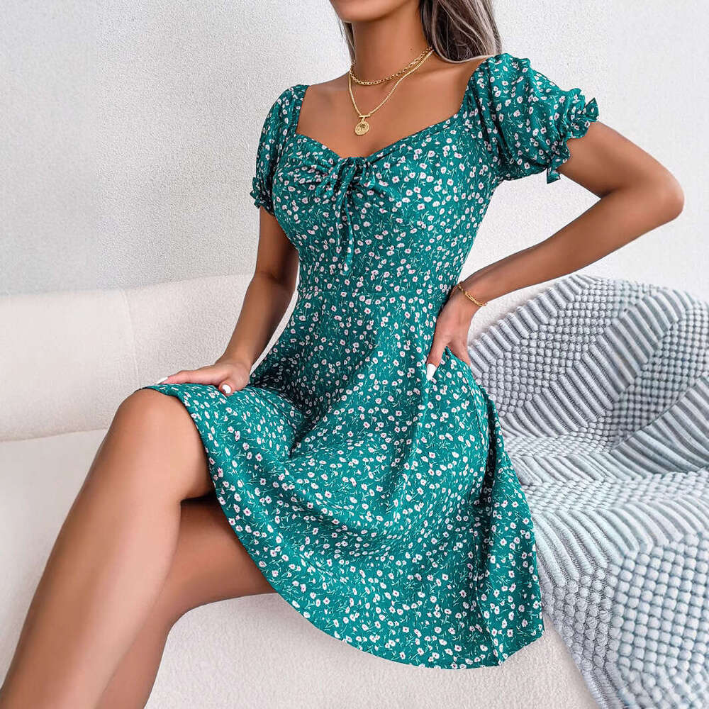 Ins style real-life photos of spring and summer trumpet sleeves, drawstring ties, floral patterns, big swing dresses, women's clothing, 2025 new 