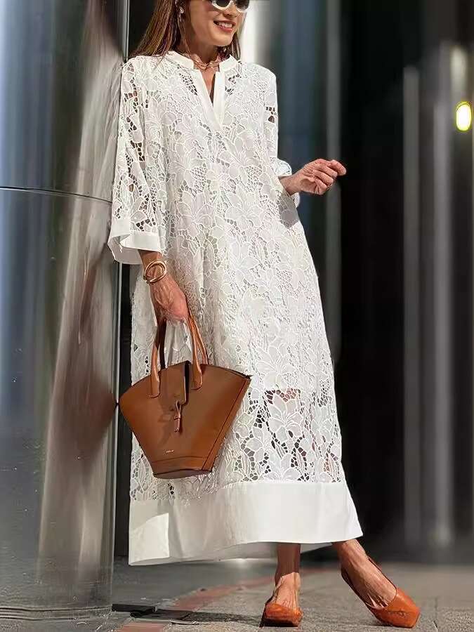 White Dress Maxi Dress 2024 New Women's Lace Milk Silk Loose Medium To Long Solid Color Dress KQ