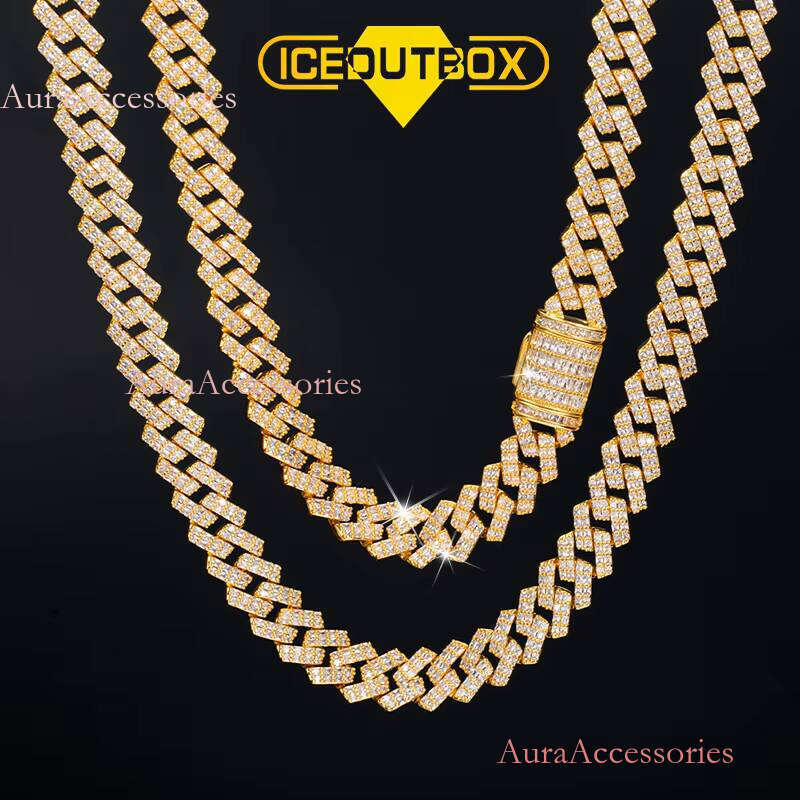Iced Out Link White Gold Plated Prong Zircon Dia Cuban Chain Necklace Hip Hop Jewelry