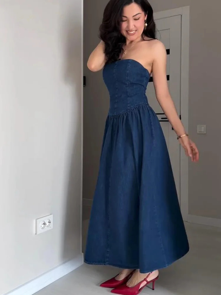 Fashion Off Shoulder Dress For Women Denim Backless Sleeveless Slim Long Dresses Female Spring Summer Lady Vestidos 250515