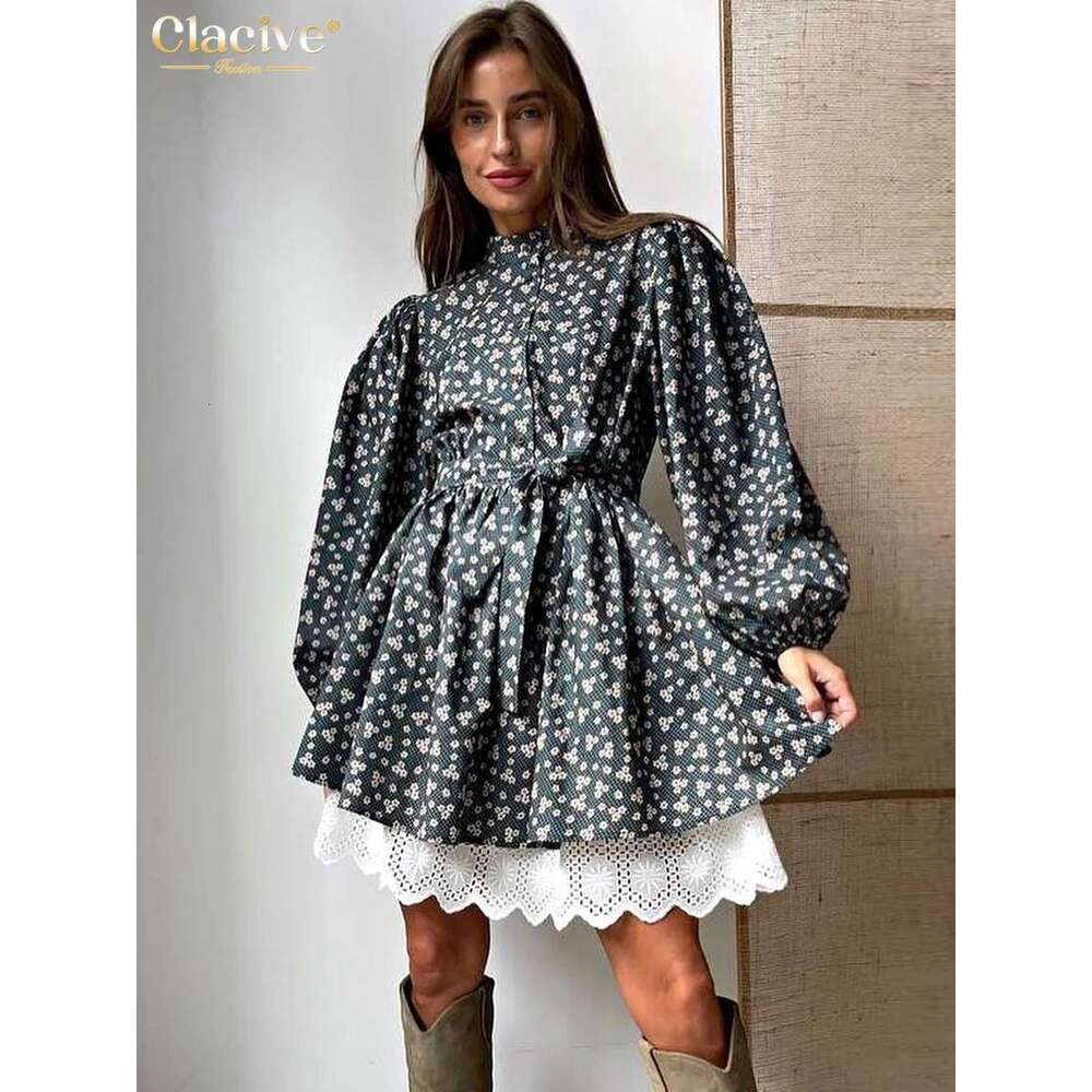 Clacive Fashion Loose Print Ladies Autumn Stand Collar Puff Sleeve Office Mini Dress Elegant Patchwork Dresses For Women