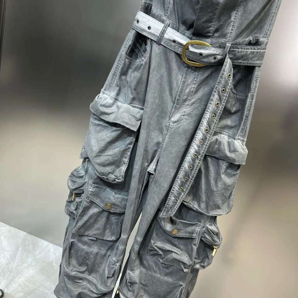 Getspring Women Jumpsuit 2023 Autumn Sleeveless Strapless High Waist Belt Multi Pockets Design Loose Casual Long Cargo Pants New