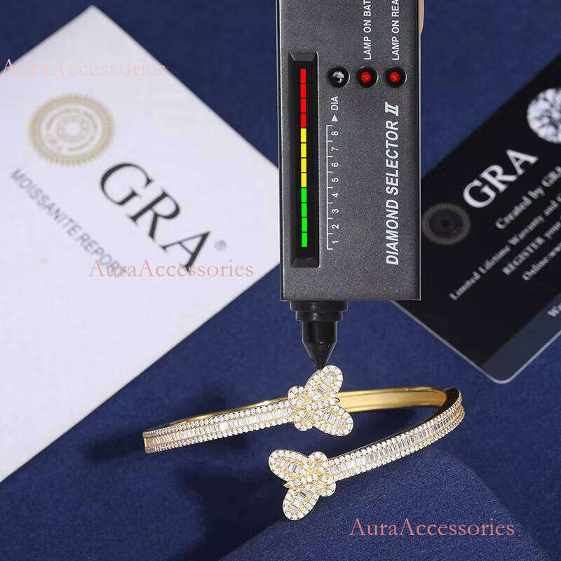 Gra Certified Baguette Moissanite Sterling Sier Pass Dia Tester Iced Out Butterfly Bangle Bracelet