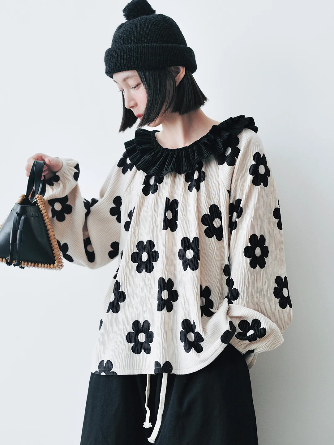 IMAKOKONI original n lapel lace patchwork pleated flower print shirt top for women 244804 250515