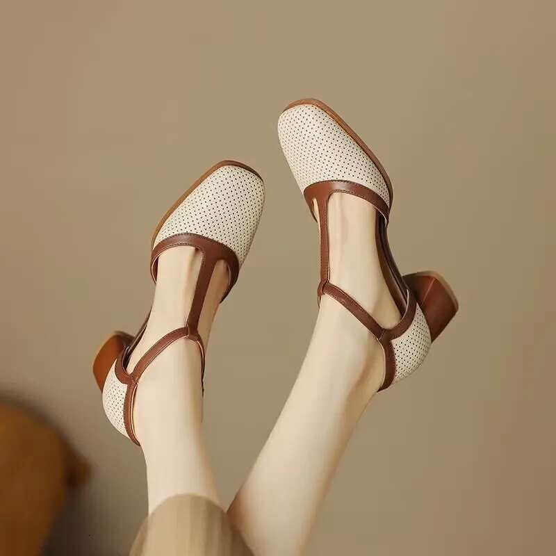 Baotou Muffin Thick-soled Hollow Sandals Summer Thick Heel Round Head One-word Buckle Belt Empty Roman Women's Shoes