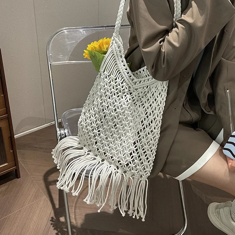 Bohemian Woven Bag for Women Trendy Tassel Shoulder Bags Ladies Casual Summer Travel Handbag Solid Color Beach Mesh Bags 250515
