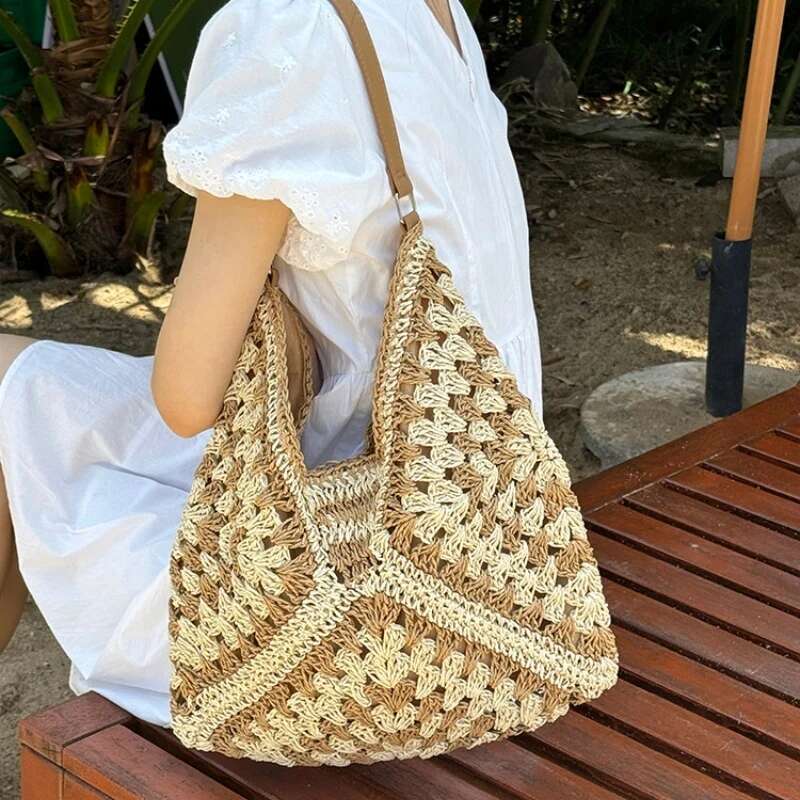Summer Beach Straw For Women Hollow Out Female Vacation Shoulder Bags Hand Woven Seaside Tote Bag Ladies Knitted Handbags