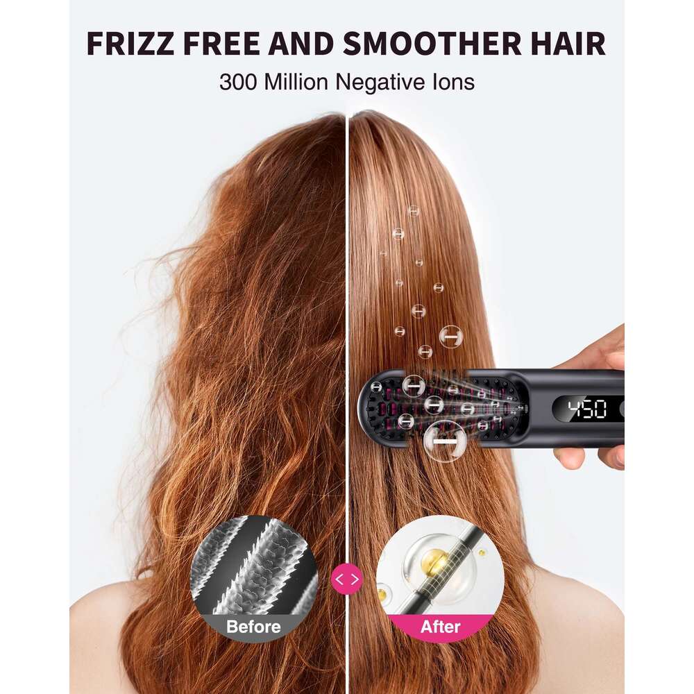 USB Charging Cordless Straightener Brush 10000mAh LED Display Negative Ions Hair Care Ceramic Electric Hot Heating Comb