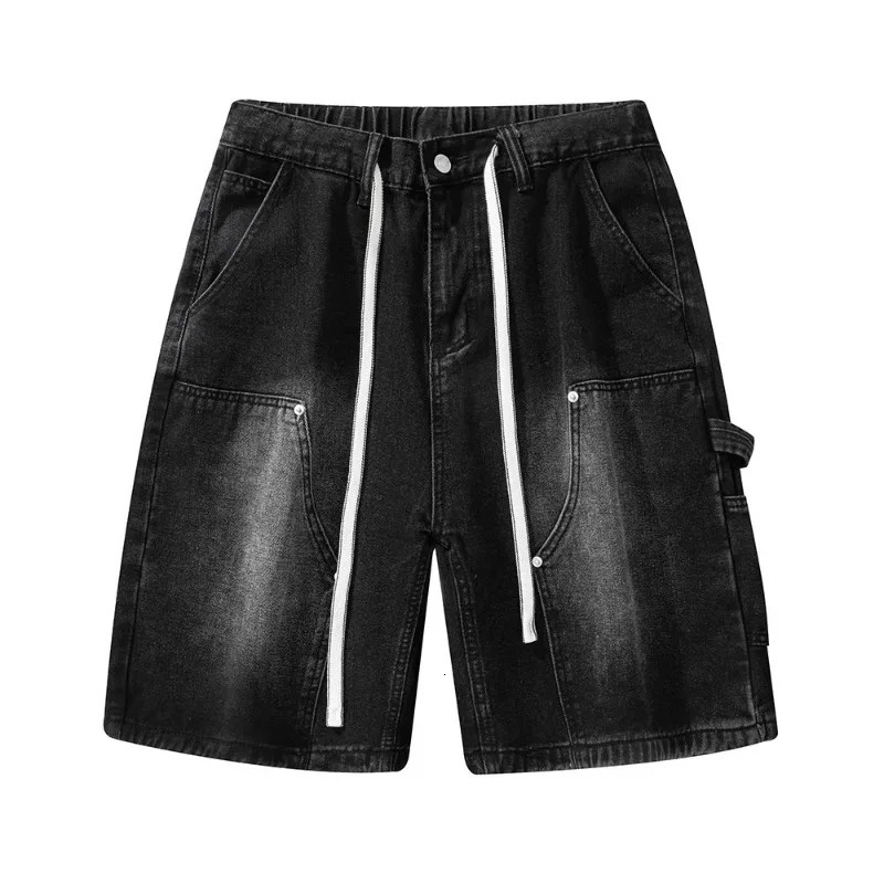 Fashion Streetwear Mens Denim Shorts Summer Loose Vintage Harajuku Splicing Hiphop Cargo Moto Short Jeans Black Blue 250515