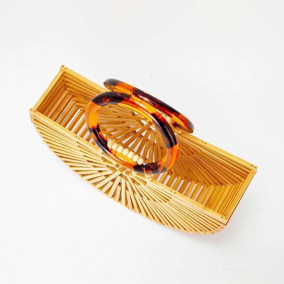 Vintage Half Bamboo Beach Handbags Women 2023 Summer Hollow Out Round Acrylic Handle Woven Straw Bags High Quality Holiday